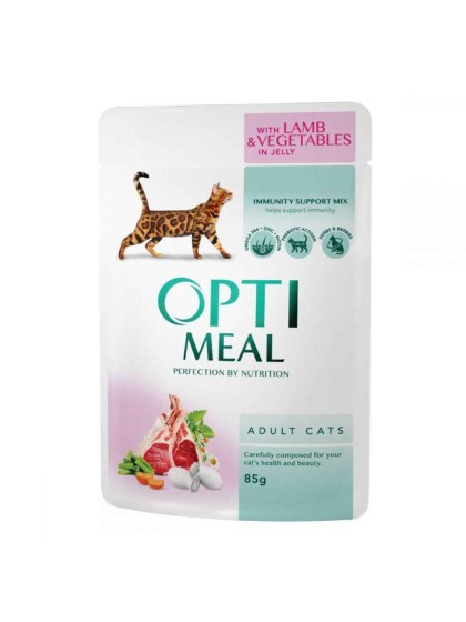 OptiMeal Super Premium Υγρή Τροφή για Ενήλικες Γάτες σε Φακελάκι με Αρνί και Λαχανικά σε Ζελέ 85gr